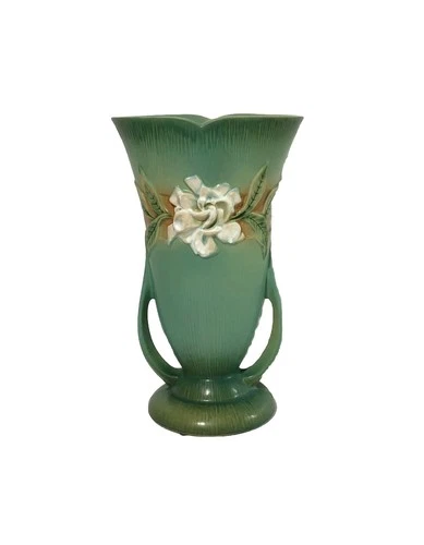 Vintage Roseville Pottery 687-12 Gardenia Green Vase White Flower Floral 12”