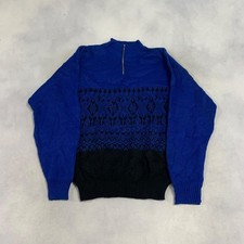 Vintage Knitted Jumper Abstract Patterned 1/4 Button Grandad Knit Sweater Men's