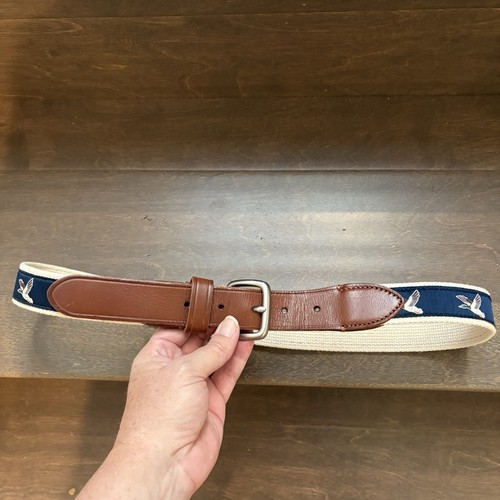 J Crew Belt 32 Blue Cream Ducks Canvas Leather Tips Embroidered Hunting Mallards
