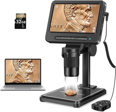 Leipan 1080P LCD Digital Microscope with 32GB SD Card, Coin Microscope with 5-in