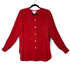 90s VTG 100 Silk Red Embroidered Floral Long Sleeve Button Up Blouse size 8