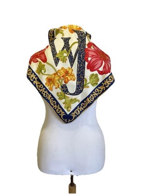 JOOP! Silk Scarf Blue Cream Gold Baroque Floral Monogram Logo Germany #A43