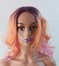 Wavy synthetic Orange Pink W/ Dark Pastel Pink highlights hair wig 18" Cosplay