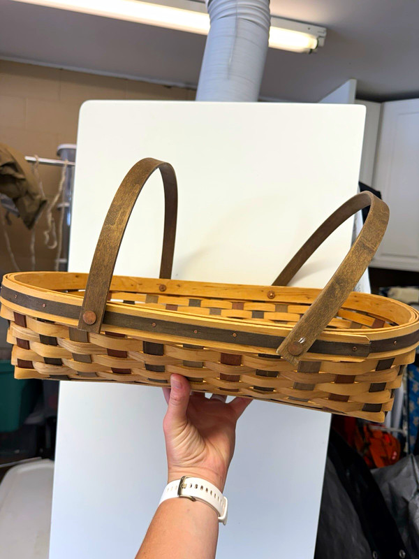 Longaberger Handwoven Oval Wood Basket w/ Handles Two-Tone Brown Beige
