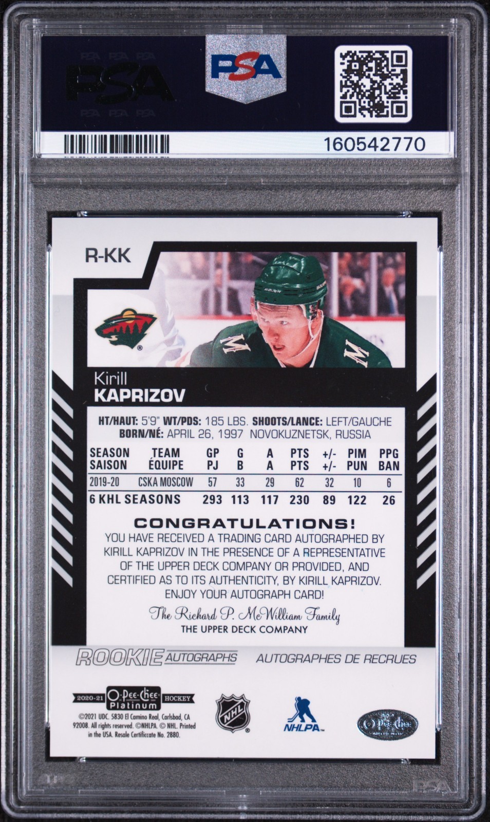 2020-21 O-Pee-Chee Platinum KIRILL KAPRIZOV Rookie Autographs #RKK PSA 10  view 2