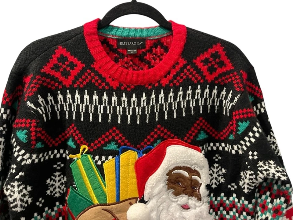 Blizzard Bay Black Santa Ugly Christmas Sweater Embroidered Size Small Men's Red - Image 4 of 4