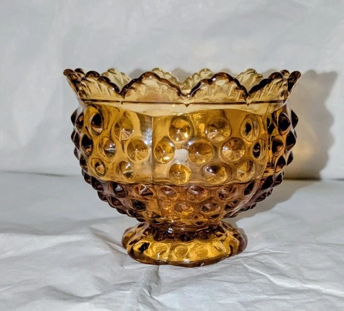 Vintage Fenton Art Glass Colonial Amber Hobnail Mini/Taper Candle Bowl Pre Logo
