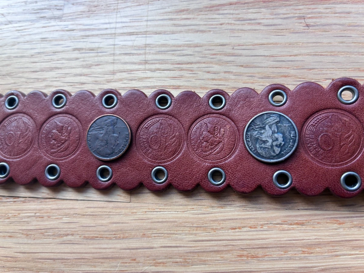 Womens TAN Leather Thin Coin Belt Vintage Leather Napoleon Sz.L/XL CC Narrow Leather Belt - Tan | Women main image 2