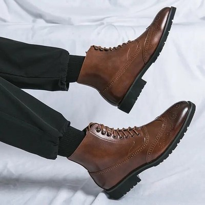 Wing Tip Men's Carved Ankle Boots Faux Leather Dress Shoes Formal High Top Retro