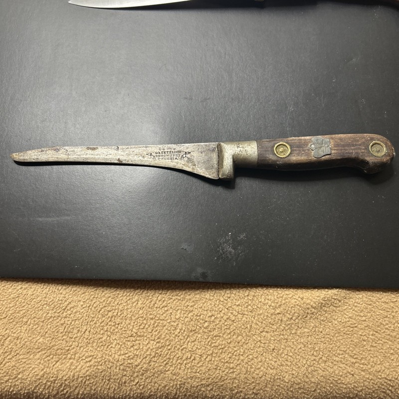 Vintage H. Schultze Prussia Fixed Blade Hunting Knife Carbon Steel Wood Handle