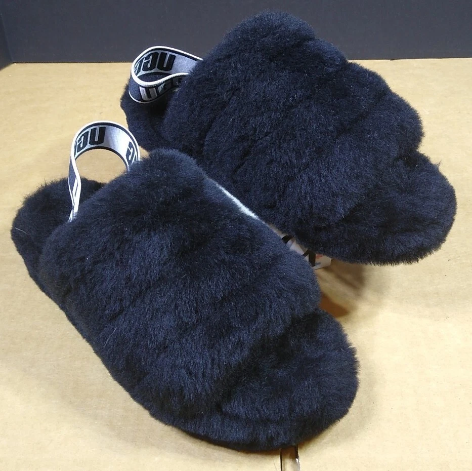 UGG Fluff Yeah JOURNEYS size 6 Slides S N 1095119 Fur Black Womens Sandals NWT