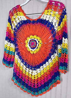 Boutique Women CROCHETED TOP M Boho Coastal Pullover CoverUp Resort Hippie NEW