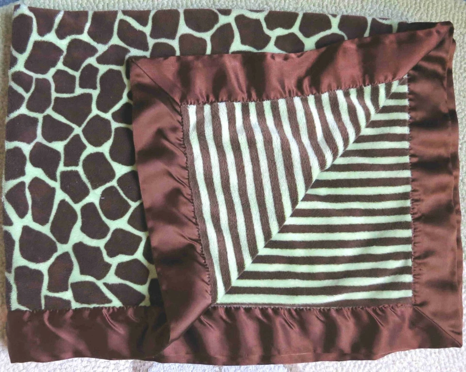 Jenna Lee Baby Brown Green Giraffe & Plush Striped w Satin Edge Boy Blanket EUC - Image 3 of 3