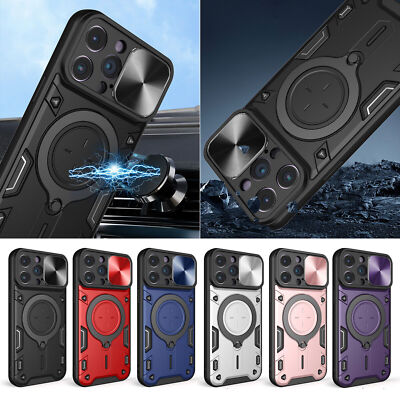 For iPhone 16 15 Pro Max 14 13 12 11 Magnetic Ring Stand w/Slide Lens Case Cover