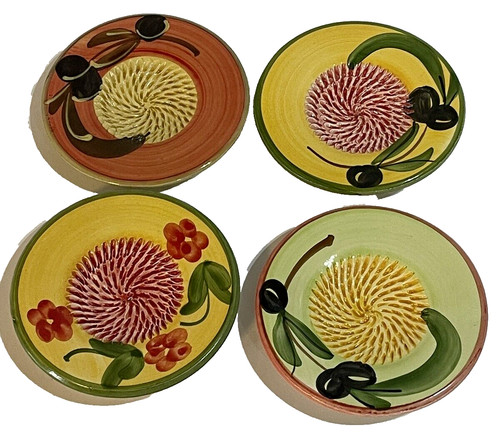 Set of 4 Pottery Plates with Olive Hand-Painted  4.5" Diameter
