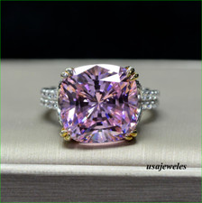 4CT Genuine Pink sapphire Cushion Cut Engagement Jewelry Ring 14K 2-Tone Gold FN