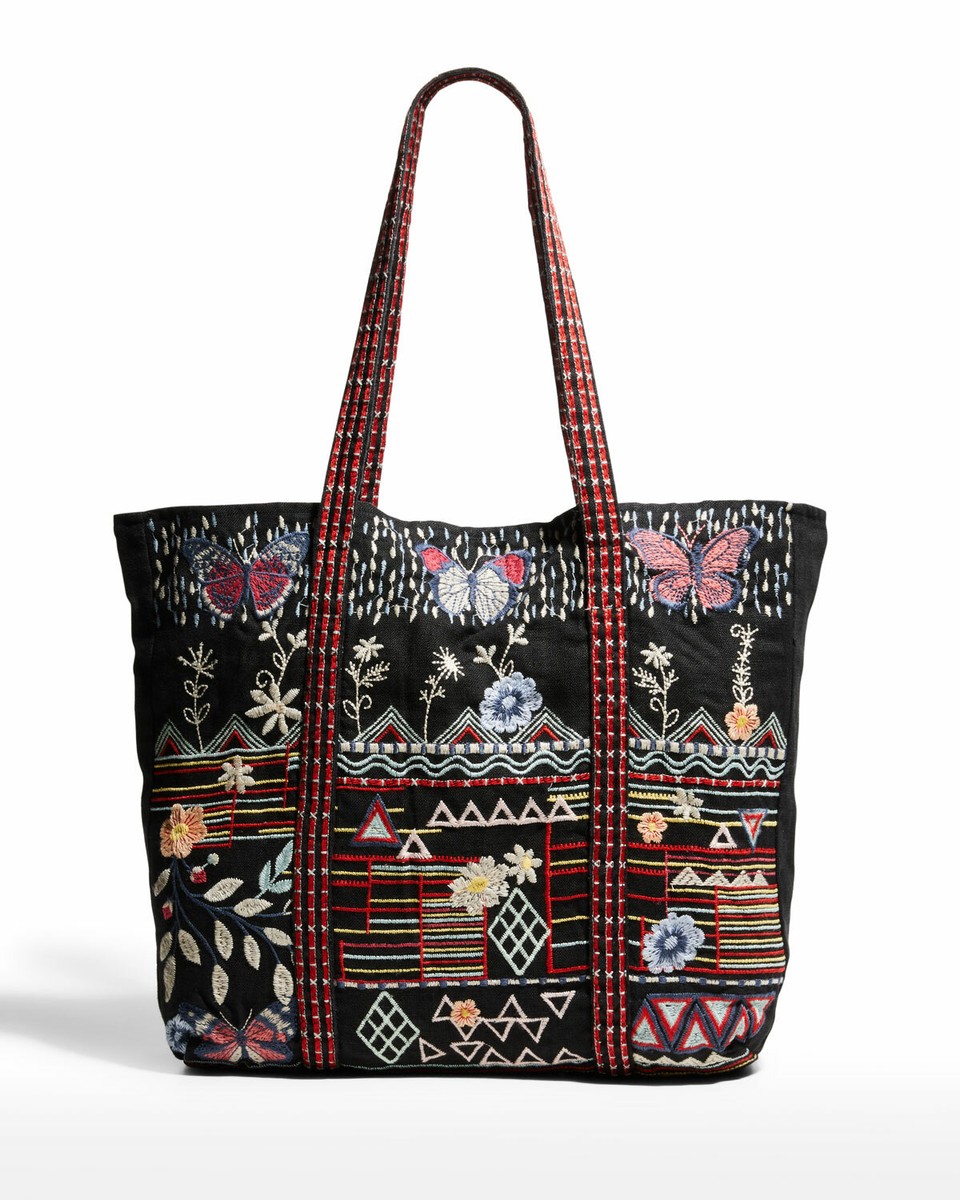 Johnny Was Aravis Embroidered Floral Black Linen Red Hobo Tote Bag Handbag  NEW