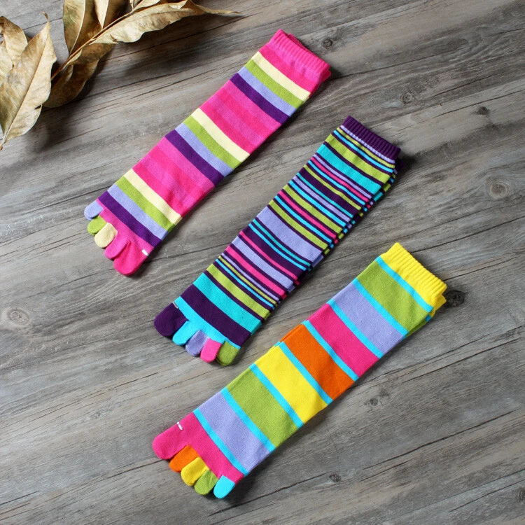 Women Toe Socks 3 Pairs Cotton Blend Rainbow Stripe Mid Calf Five Finger Socks - Image 4 of 4