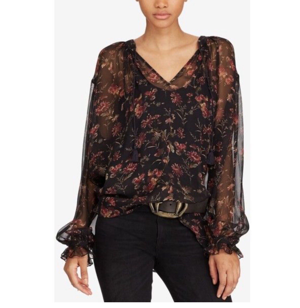 Polo Ralph Lauren XS 100% Silk Sheer Black Floral Blouse Top