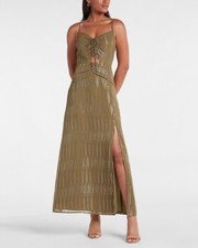 NEW EXPRESS $108 BURNT OLIVE METALLIC RUCHED FRONT CUTOUT MAXI DRESS SZ M MEDIUM