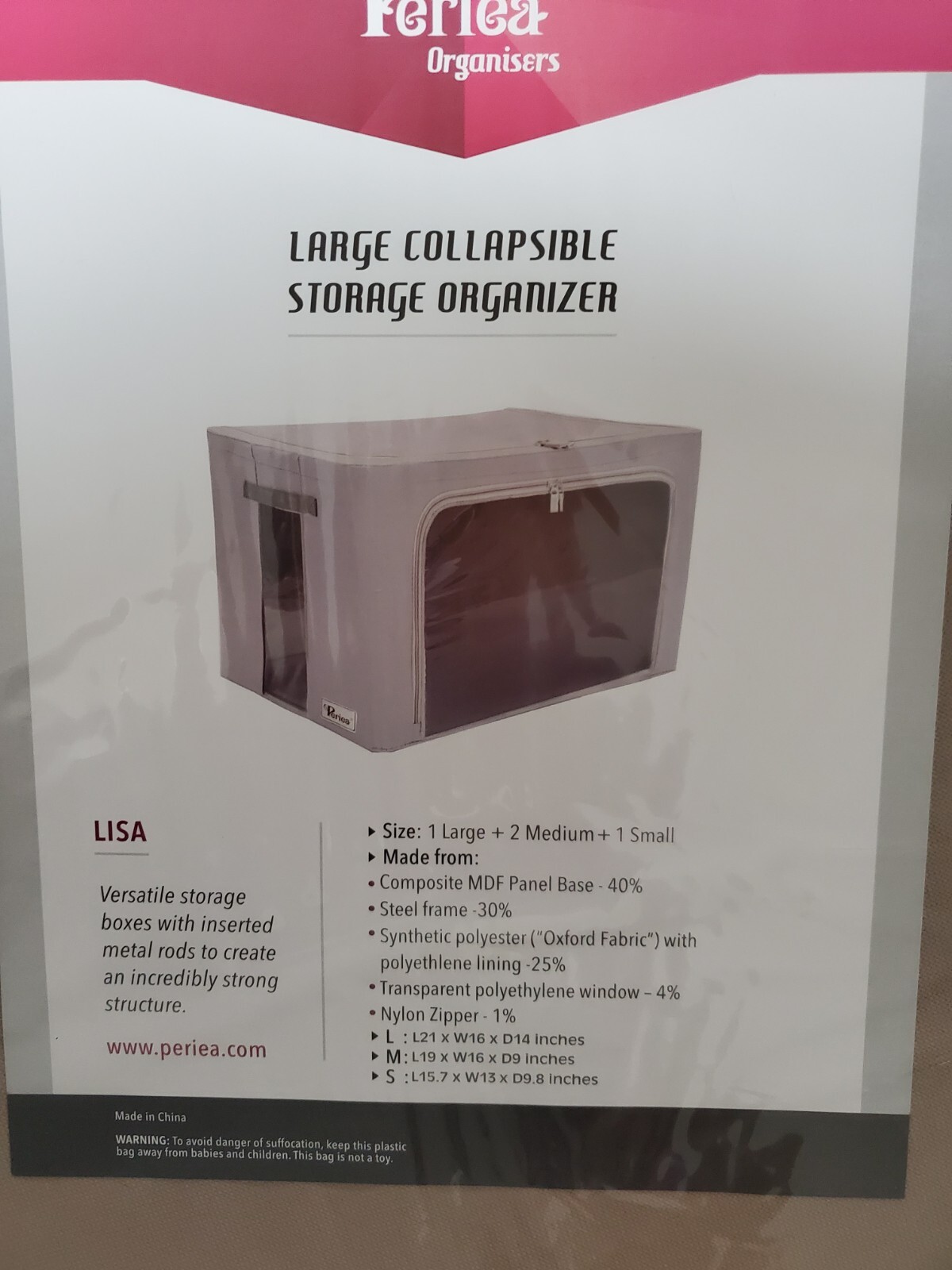 NEW Periea "Lisa" Organizers 4 Pack Collapsible Small,Med(2),Large