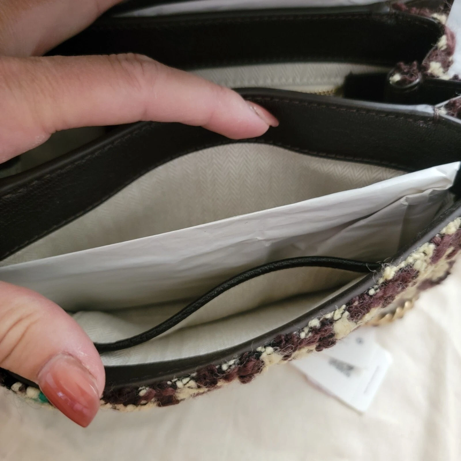 Borsa a tracolla convertibile Tory Burch Fleming tweed marrone giallo burro designer