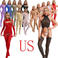 Women's Ice Silky Bodystockings Sheer Glossy Lingerie Bodysuit Skinny Catsuits