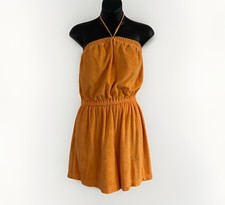 Vintage Women 8/10 M Terry Cloth Romper Orange 70s Style Roller Girl TubeTop Tie