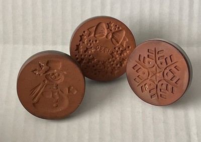 3 Rycraft Terracotta Cookie Mold Butter Press Stamps Snowman Snowflake & Wreath