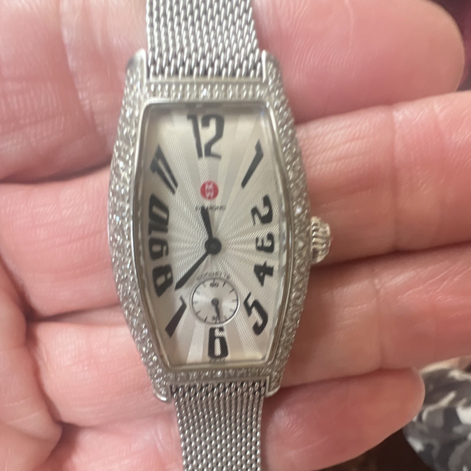 MICHELE Silver Mesh Stainless Steel Tonneau Sunburst Dial Water-Resistant Watch