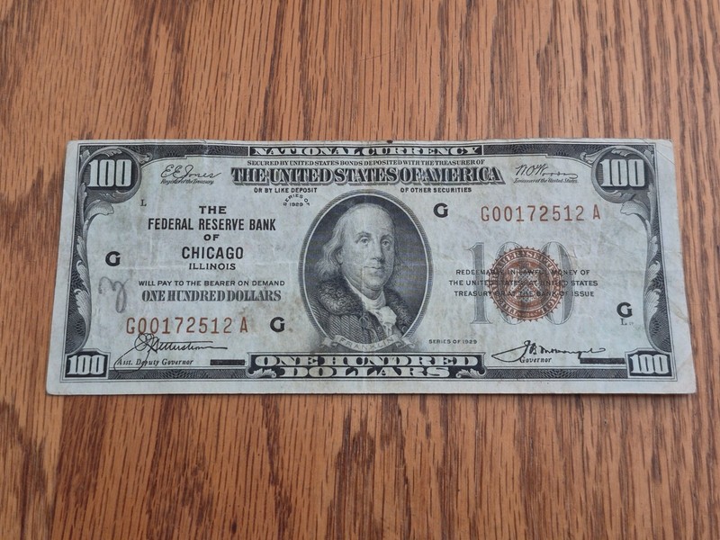 1929 $100 Dollars National Currency - Chicago Brown Seal - G00172512A