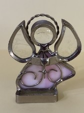 Angel Stained Glass Pink Standing Holding Cross White Wings Figurine 2.25  High
