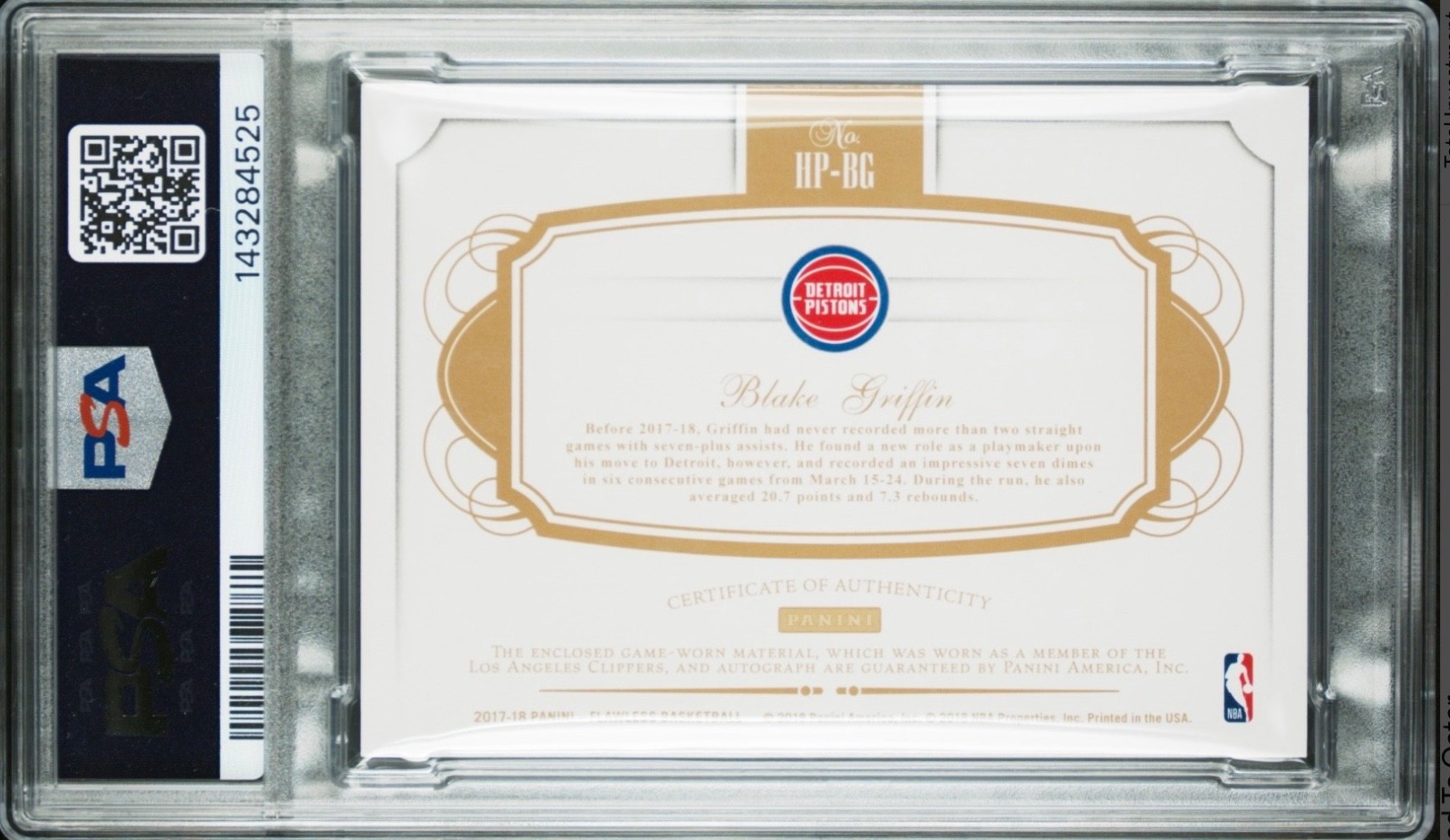 2017 PANINI FLAWLESS BLAKE GRIFFIN GAME WORN PATCH AUTO /25 #HPBG PSA 10 *POP 1* view 5