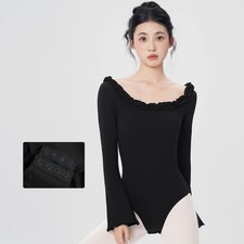Women Open Crotch Ballet Leotard Long Sleeve Dance Teen Girl Open Back Ruffled