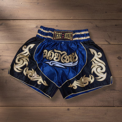 Muay Thai Shorts Thailand Fight Boxing Martial Arts Gear Blue Black Satin Fabric