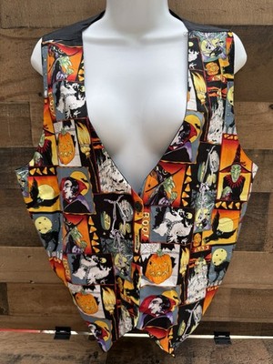Vintage Halloween 90 s Woman s Festive Spooky Season Vest Black Cat Pumpkin Sz L
