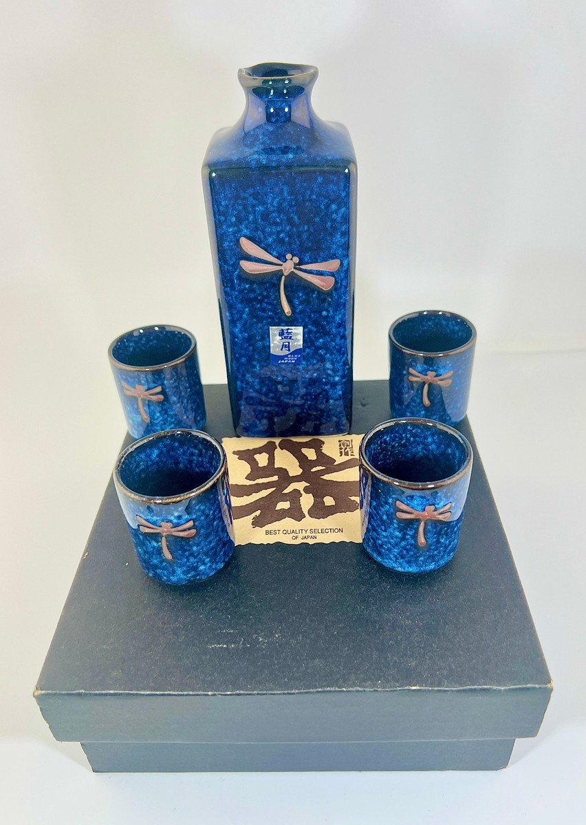 Vintage Blue Moon Japan Dragonfly Sake Set 5pc Blue Ceramic NIB 1