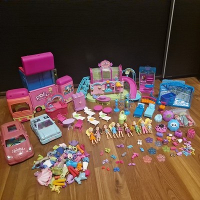 Große Polly Pocket Spielzeug Sammlung Set Autos, Puppen, Bad, Bus viel Zubehör