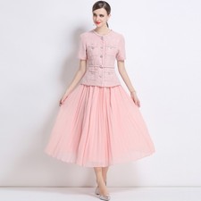 Women's Tweed Coarse Nail Bead Lace Up Pink Short Sleeved Slim Fit Chiffon Dress