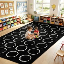 7.6 x 12' foot Large White Circles Abstract Classroom Rug Black/White Area Mat