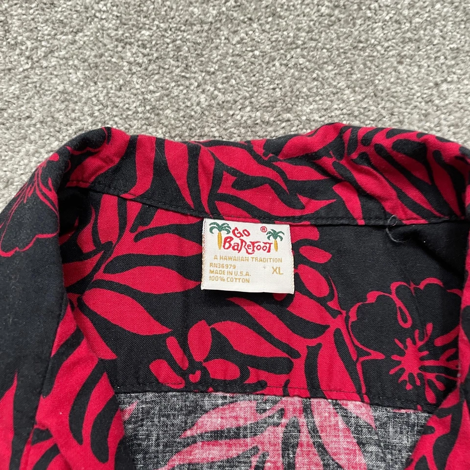 Camisa De Colección Go Barefoot Para Hombres XL Negra Roja Hawaiana Hecha en Aloha EE. UU. Años 90 Foto 4 de 4