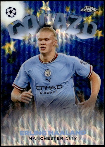 2022-23 Topps Chrome UEFA #G-10 Erling Haaland Golazo Blue Wave Refractor /75 F3