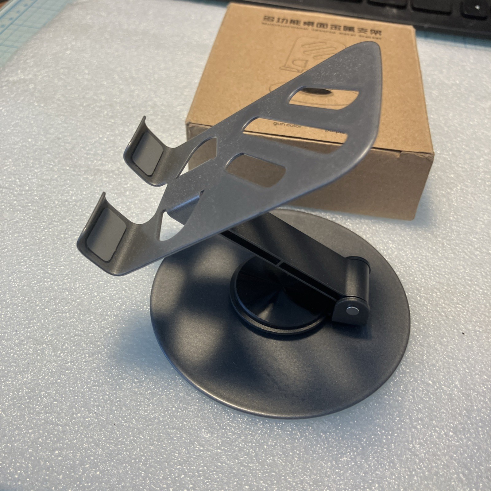 NEW Phone Stand for Desk; Double-Axis 360 Degrees Phone Holder, Gun Metal Color.