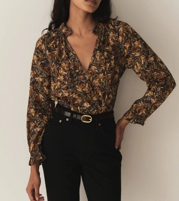 DÔEN Juna Top In Noir Narcissus Women's Floral Ruffle Cotton Blouse Tunic Top S
