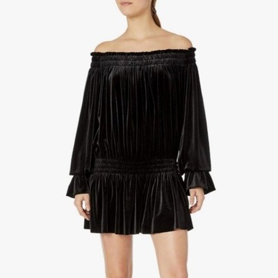 $295 NORMA KAMALI Velvet Off-Shoulder Peasant Mini Dress - Black - M