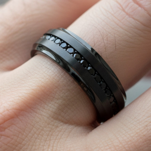 8mm Black Titanium Wedding Band – Black CZ Eternity Inlay beveled Edge Ring