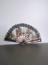 Vintage Victorian Cloth  Lace Plastic Fan Souvenir 9" wide