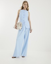 River Island Womens Wide Leg Trousers Blue Linen Blend Pleated Pants Bottoms