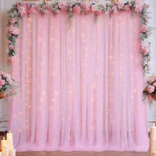 10x10Ft Pink Tulle Backdrop Curtain with String Lights Party Photo Booth Decor