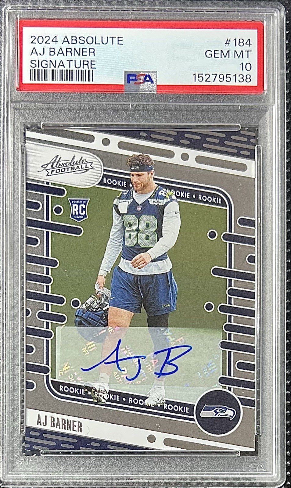 AJ Barner 2024 Absolute Signature Rookie Auto PSA 10 Seahawks